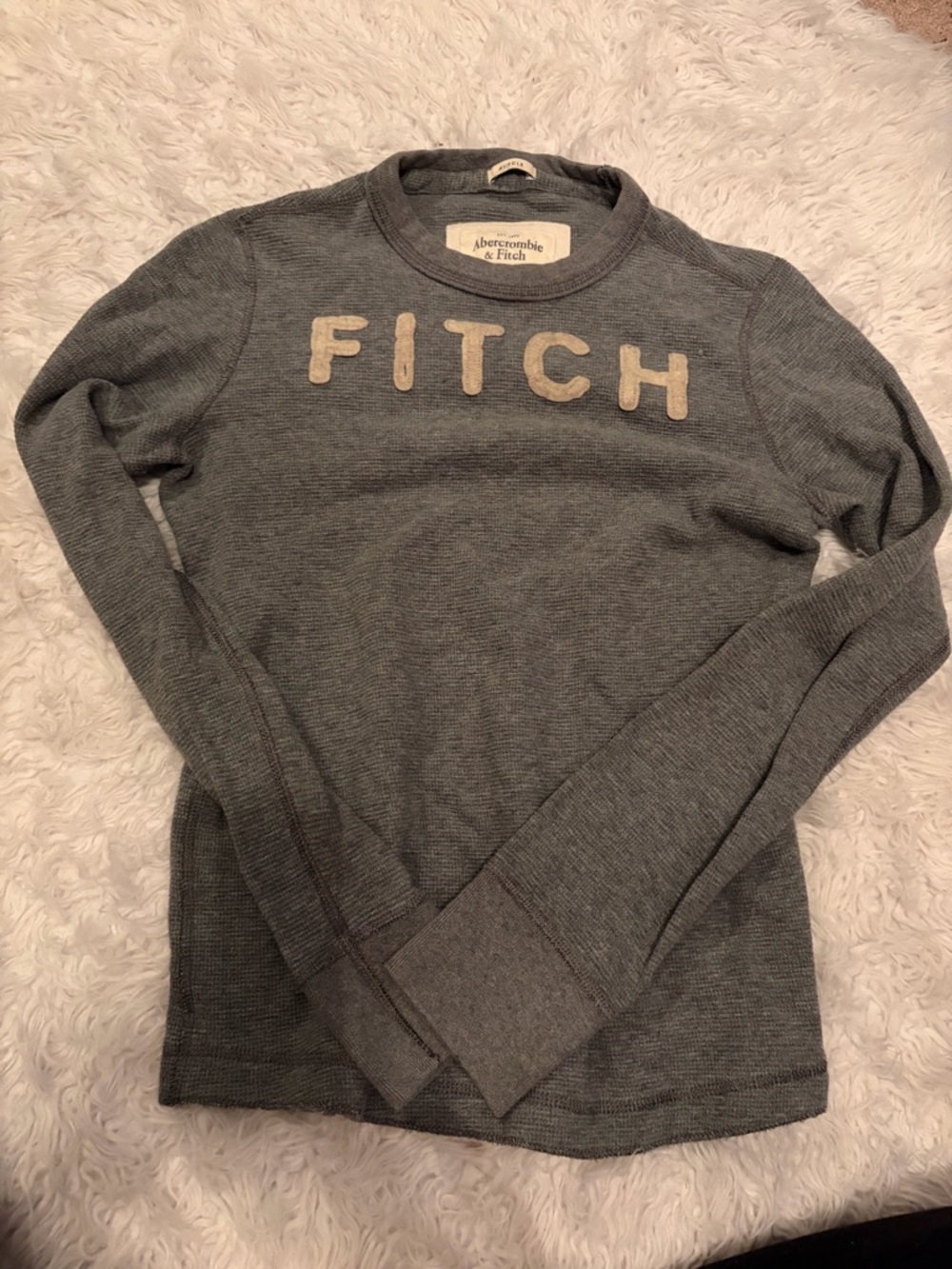 Abercrombie & Fitch Gray Waffle Knit Crewneck with Cream Lettering